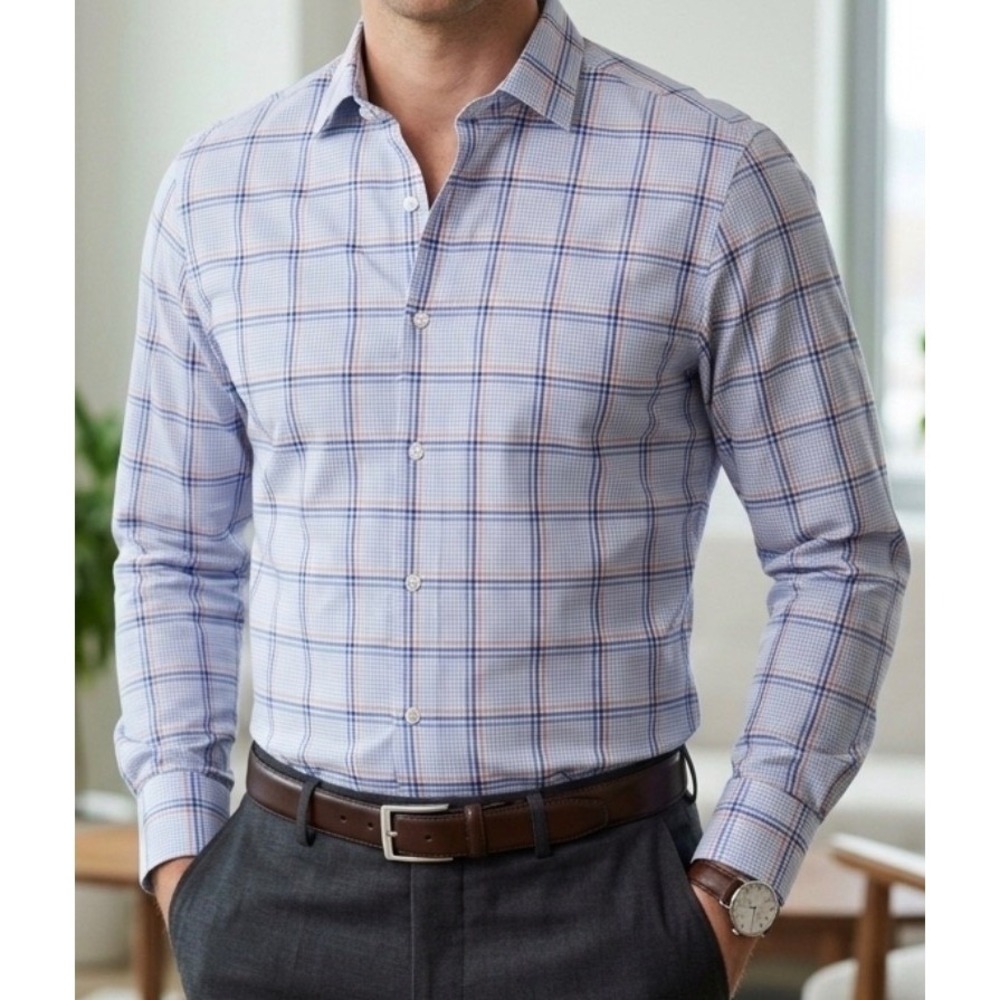 Lauren Ralph Lauren Men's Stretch Button Down Shirt Blue Orange Plaid 17 32/33